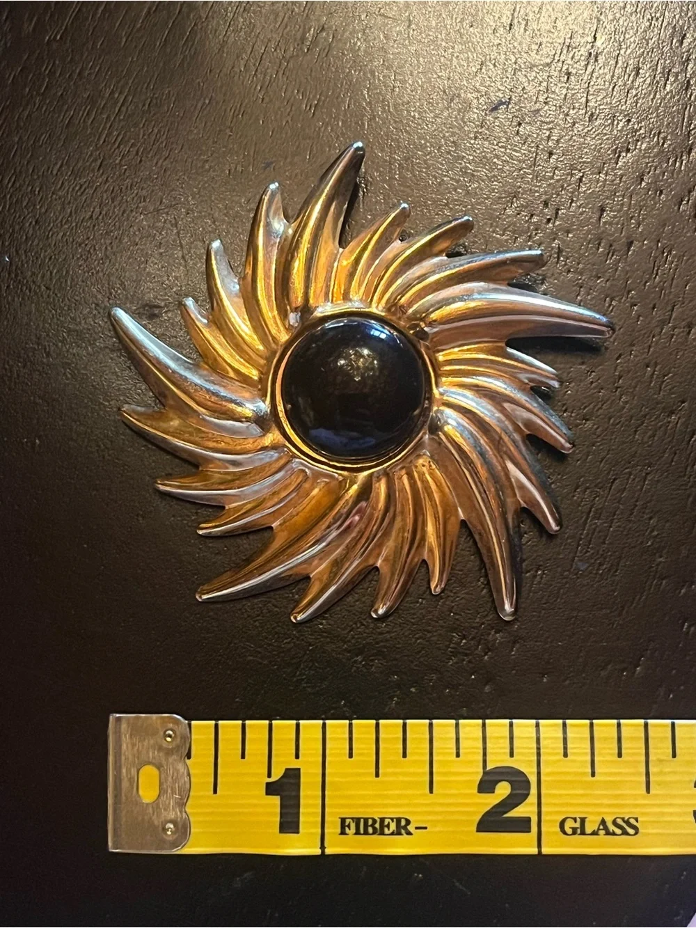 Vintage Sunburst Brooch Pin in Gold with Black Center